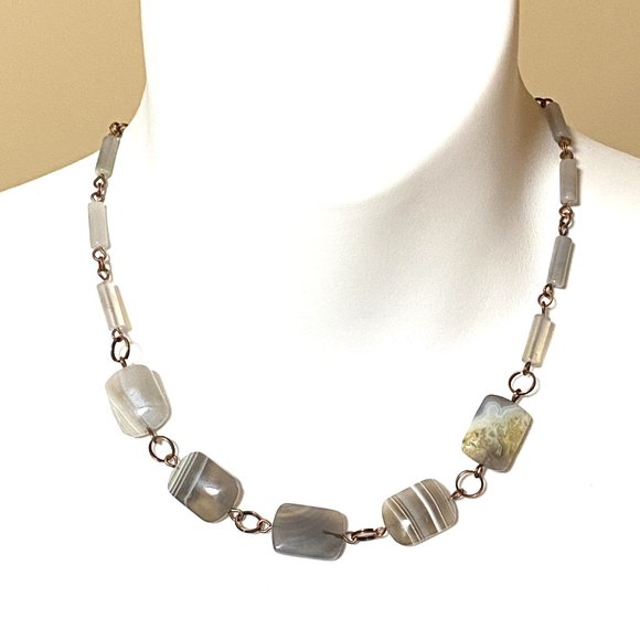 Geometric Banded Agate Necklace, Rustic Genuine Gemstone Copper Link Necklace - Picture 2 of 11